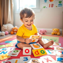 A joyful child sitting on a colorful mat, surrounded by vibrant flashcards featuring letters, numbers, and animals