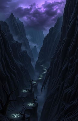 Image of the Canyon of Shadows: a vast, ominous canyon with sheer black cliffs towering high into the sky