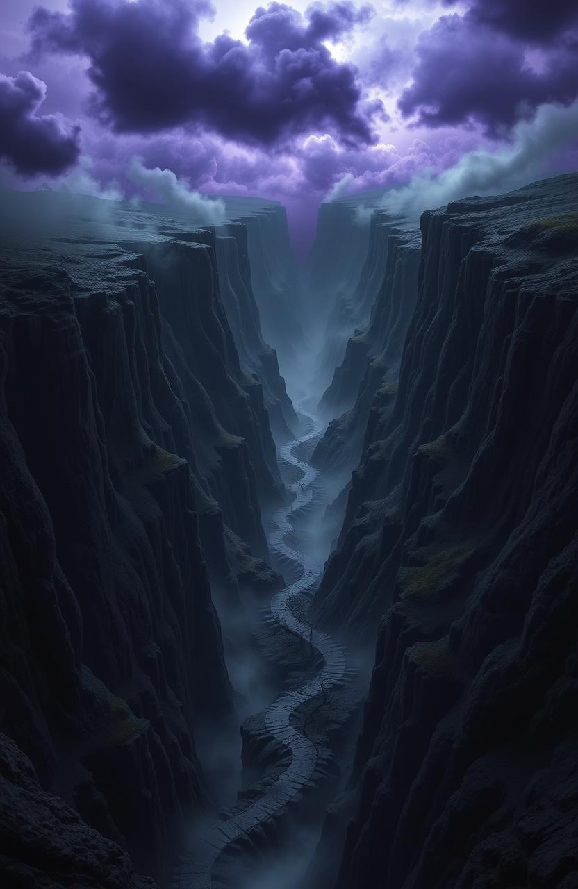 Image of the Canyon of Shadows: a vast, ominous canyon with sheer black cliffs towering high into the sky