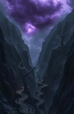 Image of the Canyon of Shadows: a vast, ominous canyon with sheer black cliffs towering high into the sky