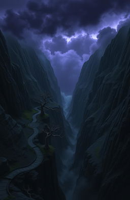 Image of the Canyon of Shadows: a vast, ominous canyon with sheer black cliffs towering high into the sky