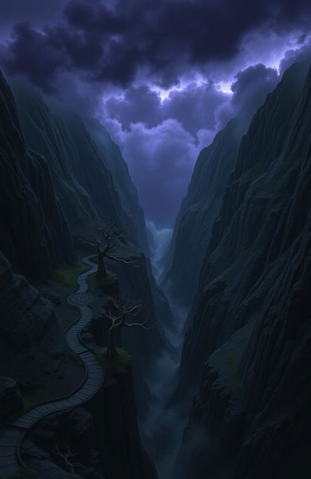 Image of the Canyon of Shadows: a vast, ominous canyon with sheer black cliffs towering high into the sky