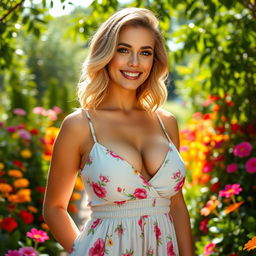A stunning woman with big breasts, wearing a fashionable summer dress that accentuates her curves and complements her beauty
