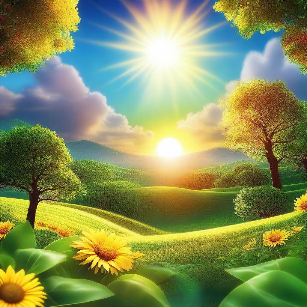 A digital art image depicting a radiant sun illuminating a lush landscape, symbolizing hope and a brighter future