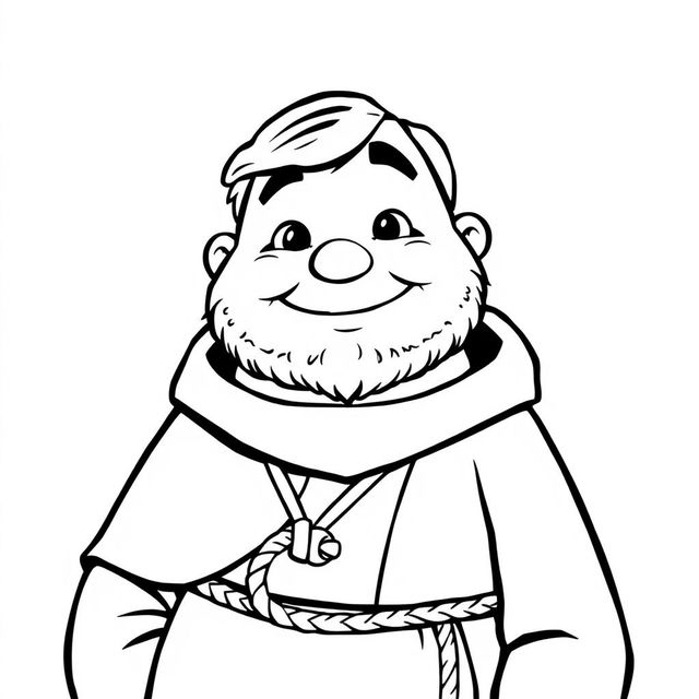 A charming illustration of a priest with a rounded face, full cheeks, and a broad smile, exuding warmth and friendliness