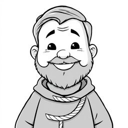A charming illustration of a priest with a rounded face, full cheeks, and a broad smile, exuding warmth and friendliness