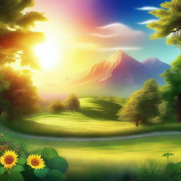 A digital art image depicting a radiant sun illuminating a lush landscape, symbolizing hope and a brighter future