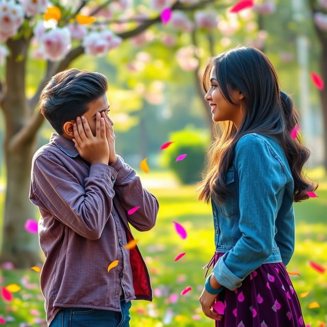 A cute Tamil boy with stylish hair, aged 17, shyly covering his face with his hands in a moment of bashfulness as a Tamil girl, also 17 years old, sweetly confesses her love and proposes to him