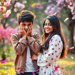 A cute Tamil boy with stylish hair, aged 17, shyly covering his face with his hands in a moment of bashfulness as a Tamil girl, also 17 years old, sweetly confesses her love and proposes to him