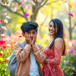 A cute Tamil boy with stylish hair, aged 17, shyly covering his face with his hands in a moment of bashfulness as a Tamil girl, also 17 years old, sweetly confesses her love and proposes to him