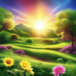 A digital art image depicting a radiant sun illuminating a lush landscape, symbolizing hope and a brighter future