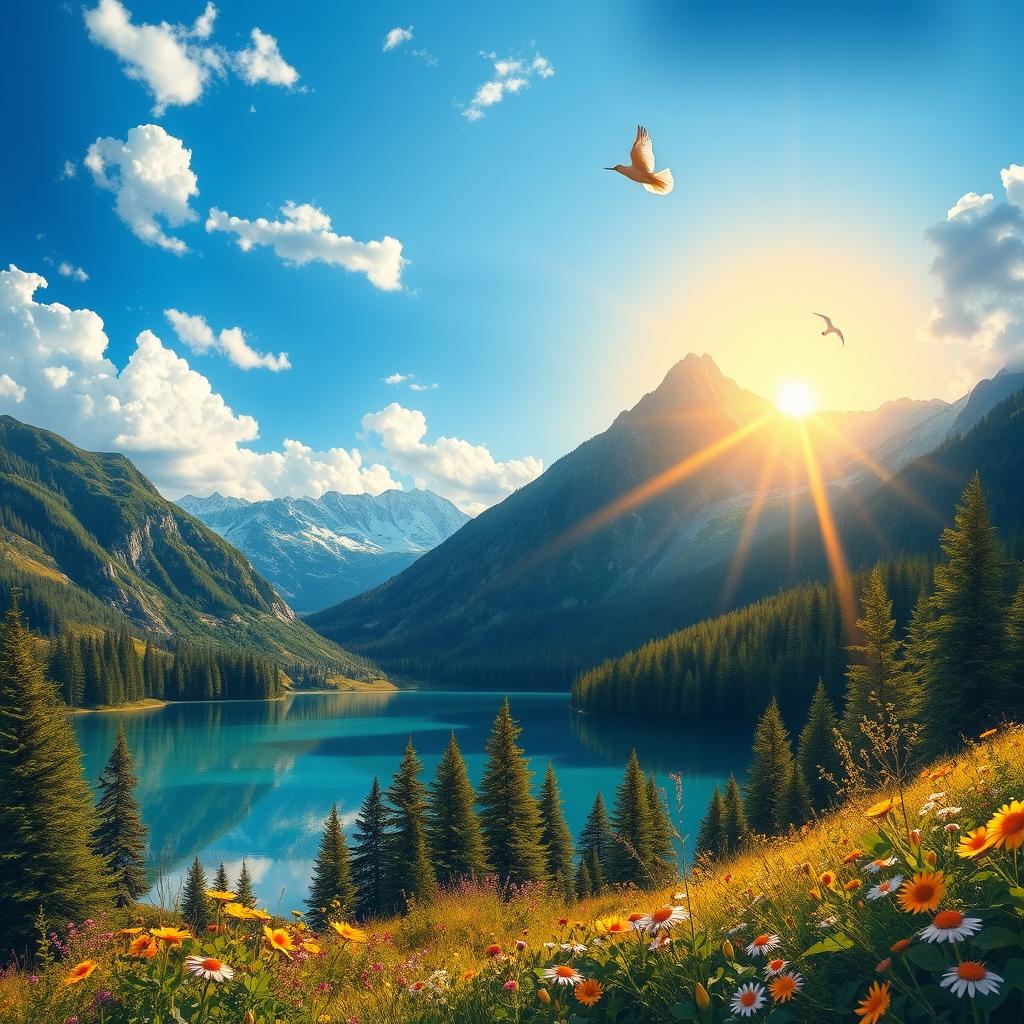 A vibrant and detailed depiction of a scenic mountainous landscape at sunrise, with a clear blue sky and fluffy white clouds