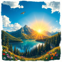 A vibrant and detailed depiction of a scenic mountainous landscape at sunrise, with a clear blue sky and fluffy white clouds