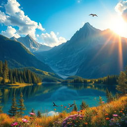 A vibrant and detailed depiction of a scenic mountainous landscape at sunrise, with a clear blue sky and fluffy white clouds