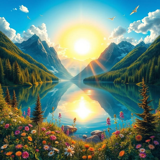 A vibrant and detailed depiction of a scenic mountainous landscape at sunrise, with a clear blue sky and fluffy white clouds