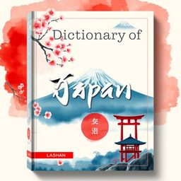 A striking book cover design for a dictionary about Japan, featuring traditional Japanese elements like cherry blossoms, a serene landscape with Mount Fuji in the background, and a classic Japanese gate (torii)
