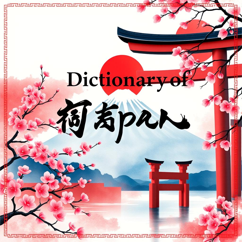 A striking book cover design for a dictionary about Japan, featuring traditional Japanese elements like cherry blossoms, a serene landscape with Mount Fuji in the background, and a classic Japanese gate (torii)