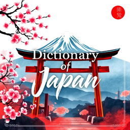 A striking book cover design for a dictionary about Japan, featuring traditional Japanese elements like cherry blossoms, a serene landscape with Mount Fuji in the background, and a classic Japanese gate (torii)
