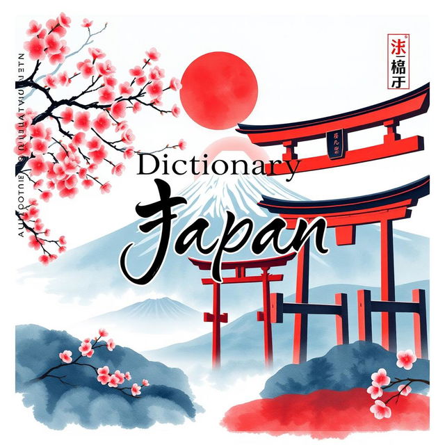 A striking book cover design for a dictionary about Japan, featuring traditional Japanese elements like cherry blossoms, a serene landscape with Mount Fuji in the background, and a classic Japanese gate (torii)