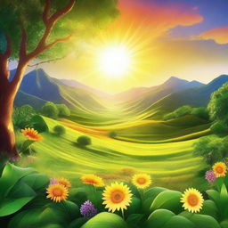 A digital art image depicting a radiant sun illuminating a lush landscape, symbolizing hope and a brighter future