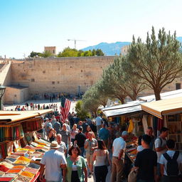 A bustling street scene in Jerusalem, showcasing a blend of ancient architecture and modern life