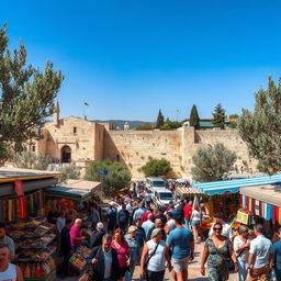 A bustling street scene in Jerusalem, showcasing a blend of ancient architecture and modern life