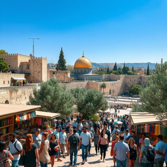 A bustling street scene in Jerusalem, showcasing a blend of ancient architecture and modern life