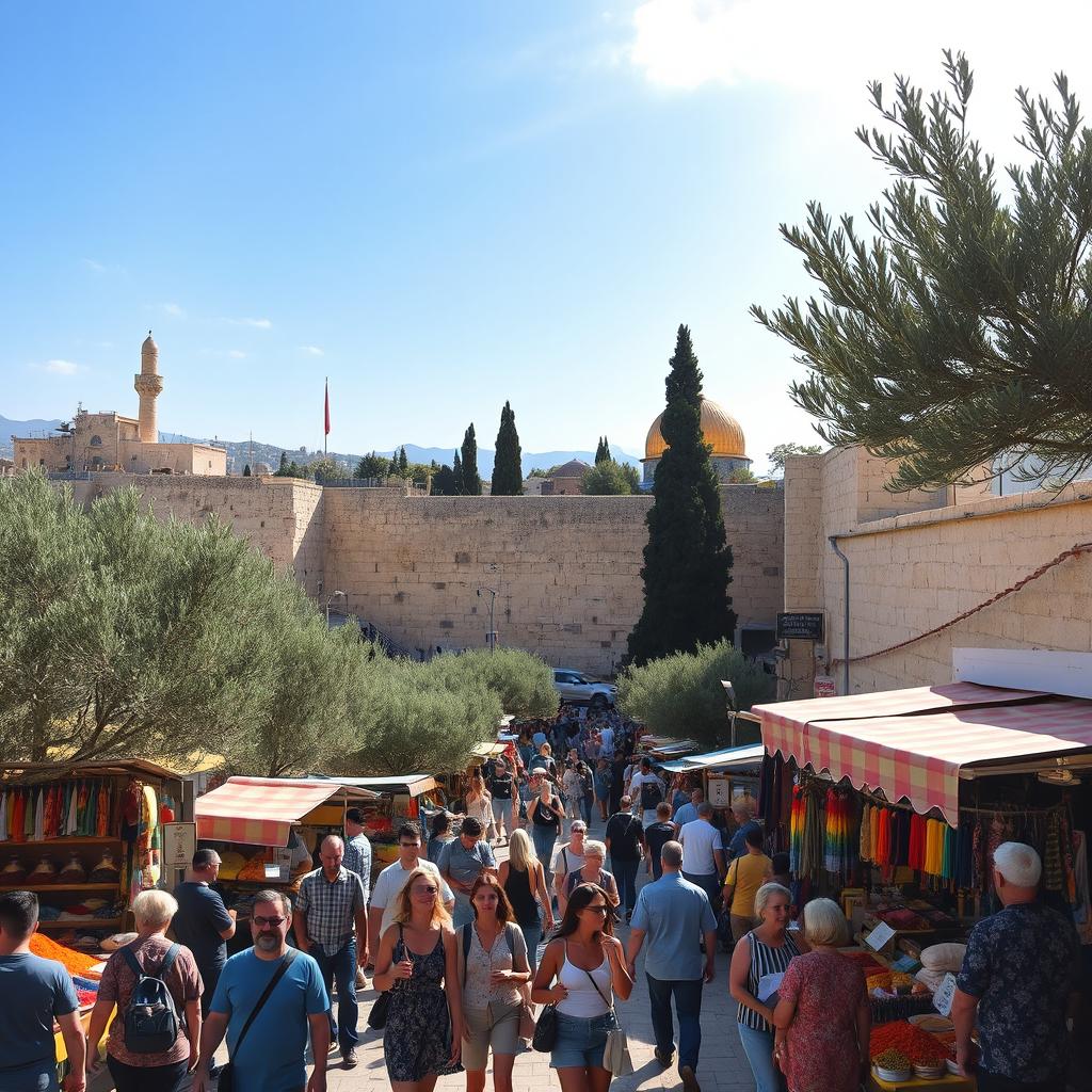 A bustling street scene in Jerusalem, showcasing a blend of ancient architecture and modern life