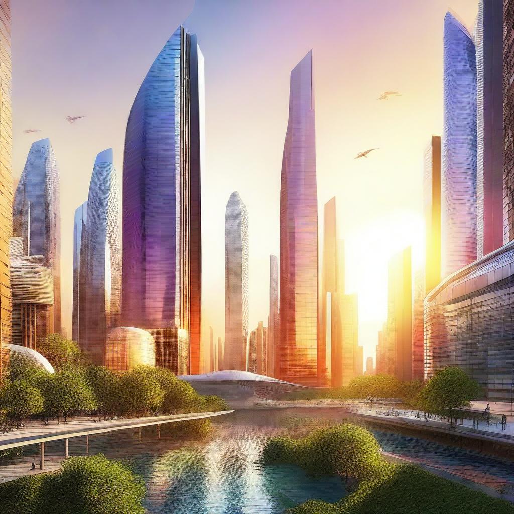 A digital art image depicting a futuristic cityscape under a radiant sunrise, symbolizing a brighter future