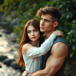 A romantic wallpaper depicting two lovers embracing in a safe hug, set against a serene natural backdrop