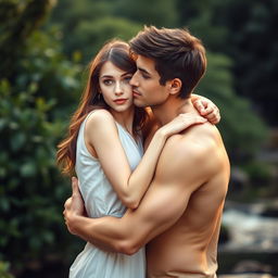 A romantic wallpaper depicting two lovers embracing in a safe hug, set against a serene natural backdrop