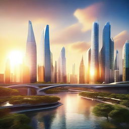 A digital art image depicting a futuristic cityscape under a radiant sunrise, symbolizing a brighter future