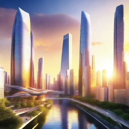 A digital art image depicting a futuristic cityscape under a radiant sunrise, symbolizing a brighter future