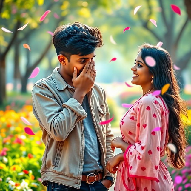 A cute 17-year-old Tamil boy with stylish hair shyly covering his face with his hands, feeling bashful as a 17-year-old Tamil girl sweetly confesses her love and proposes to him