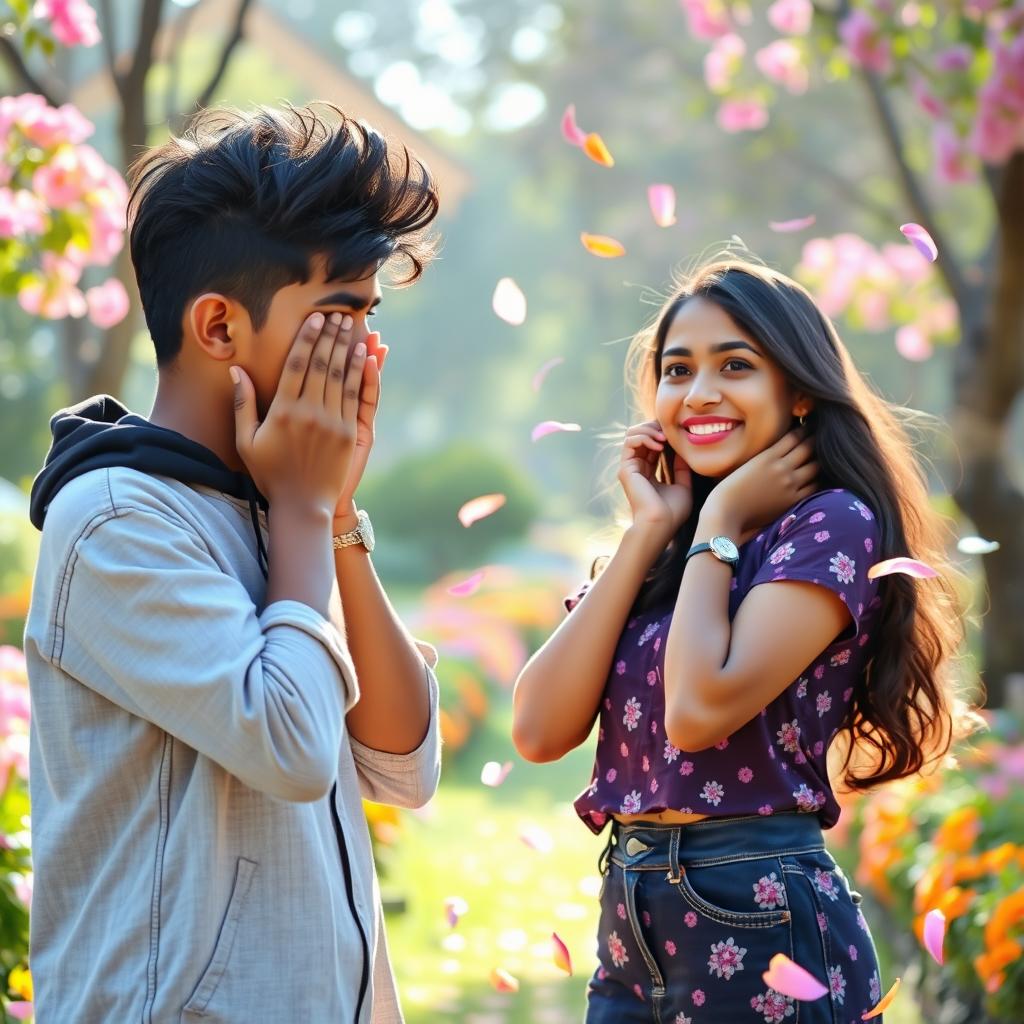 A cute 17-year-old Tamil boy with stylish hair shyly covering his face with his hands, feeling bashful as a 17-year-old Tamil girl sweetly confesses her love and proposes to him