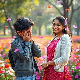 A cute 17-year-old Tamil boy with stylish hair shyly covering his face with his hands, feeling bashful as a 17-year-old Tamil girl sweetly confesses her love and proposes to him