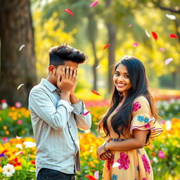 A cute 17-year-old Tamil boy with stylish hair shyly covering his face with his hands, feeling bashful as a 17-year-old Tamil girl sweetly confesses her love and proposes to him
