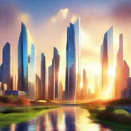 A digital art image depicting a futuristic cityscape under a radiant sunrise, symbolizing a brighter future