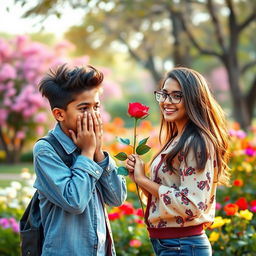 A cute 17-year-old Tamil boy with stylish hair, shyly covering his face with his hands in bashfulness, as a Tamil girl, also 17 years old and wearing spectacles, sweetly confesses her love and proposes to him while holding a beautiful rose flower