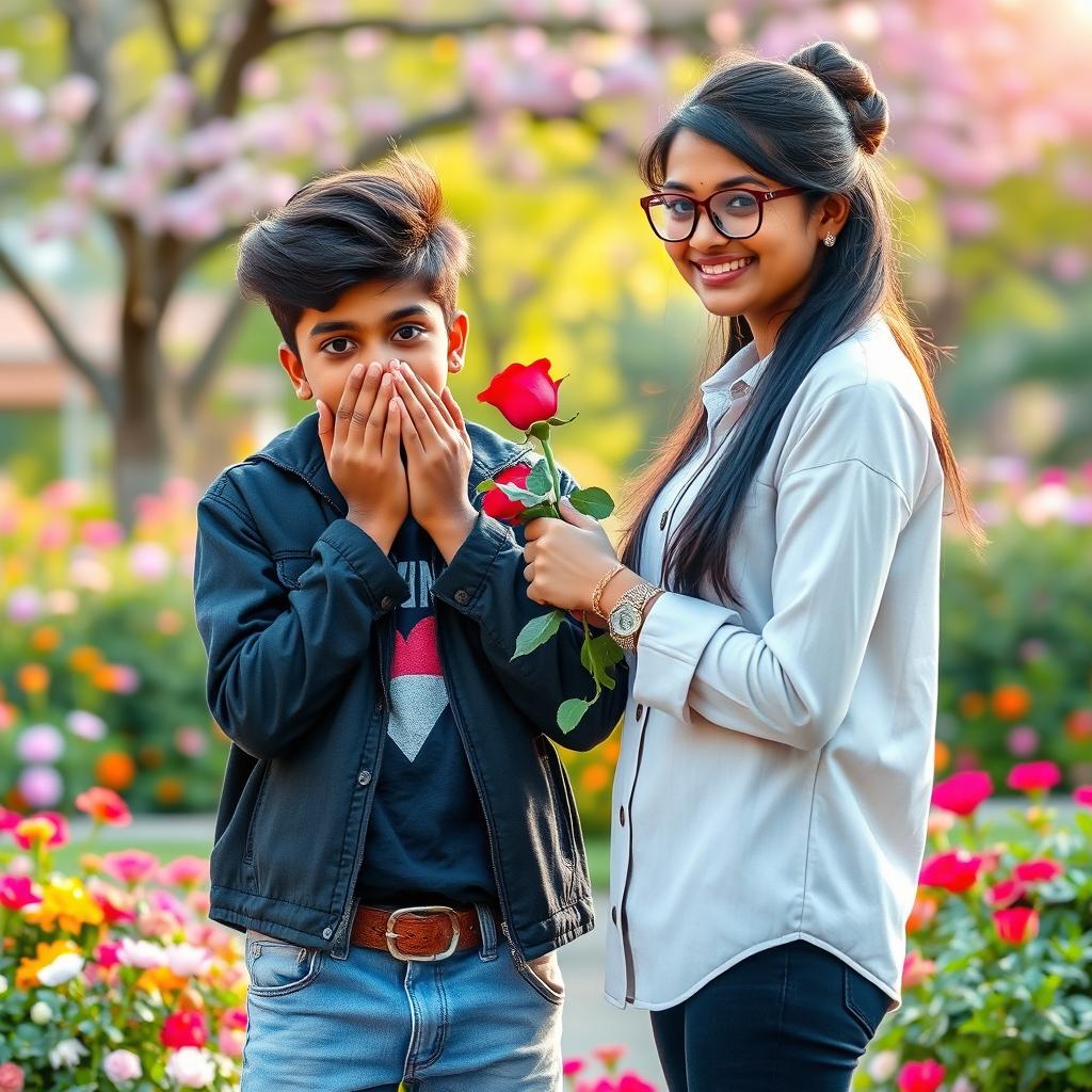 A cute 17-year-old Tamil boy with stylish hair, shyly covering his face with his hands in bashfulness, as a Tamil girl, also 17 years old and wearing spectacles, sweetly confesses her love and proposes to him while holding a beautiful rose flower