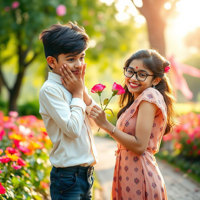 A cute 17-year-old Tamil boy with stylish hair, shyly covering his face with his hands in bashfulness, as a Tamil girl, also 17 years old and wearing spectacles, sweetly confesses her love and proposes to him while holding a beautiful rose flower