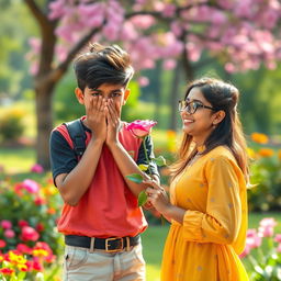A cute 17-year-old Tamil boy with stylish hair, shyly covering his face with his hands in bashfulness, as a Tamil girl, also 17 years old and wearing spectacles, sweetly confesses her love and proposes to him while holding a beautiful rose flower