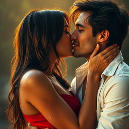 A passionate scene of a woman kissing a man deeply and wetly, their lips gently pressed together, eyes closed in bliss