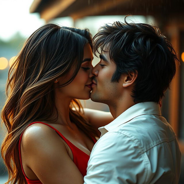 A passionate scene of a woman kissing a man deeply and wetly, their lips gently pressed together, eyes closed in bliss