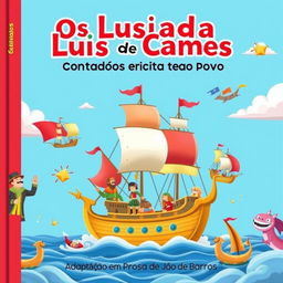 A colorful and engaging book cover design for "Os Lusíadas de Luís de Camões Contados às Crianças e Lembrados ao Povo"