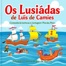 A colorful and engaging book cover design for "Os Lusíadas de Luís de Camões Contados às Crianças e Lembrados ao Povo"