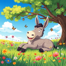 A whimsical depiction of a lazy donkey lounging in a sunny meadow