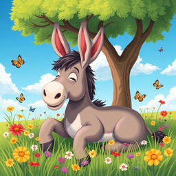 A whimsical depiction of a lazy donkey lounging in a sunny meadow