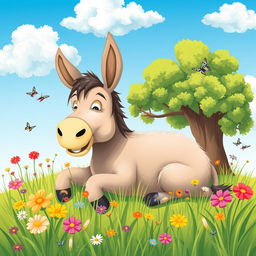 A whimsical depiction of a lazy donkey lounging in a sunny meadow