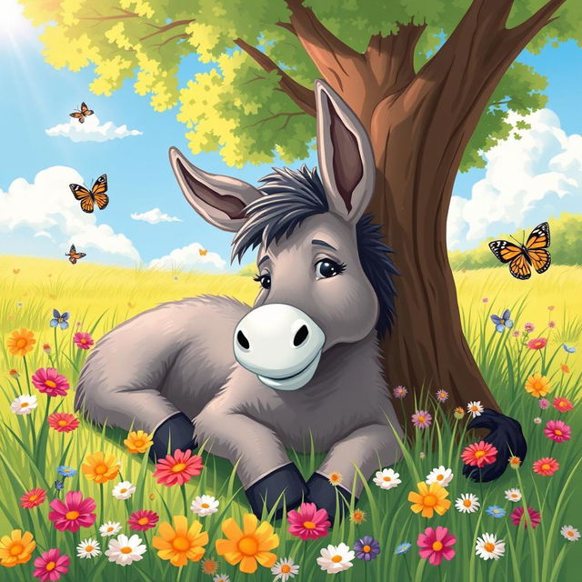 A whimsical depiction of a lazy donkey lounging in a sunny meadow